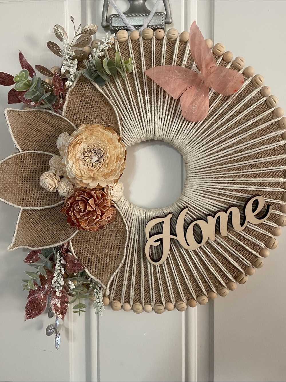 Burlap 'Home' Wreath with Pink Butterfly and Cream Floral Accents